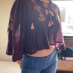Free People cropped embroidered blouse purple xs